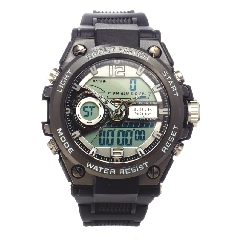 LIGE 8922 メンズ腕時計 【 ガンメタ＋ブラック 】 クロノグラフ 防水 水泳 マリンスポーツ アウトドア スポーツ ウオッチ 沢登り ストップウォッチ 0,01秒 1/100秒 デジタル アナログ デジアナ ５気圧防水 アラーム 目覚まし [並行輸入品]